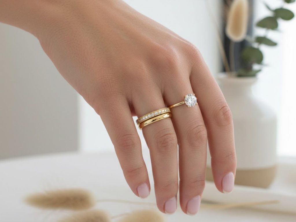 Gold diamond wedding rings on hand