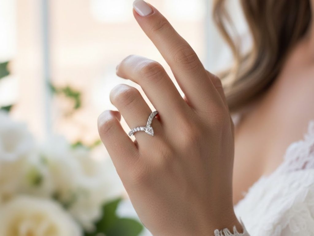 Curved diamond wedding band on hand