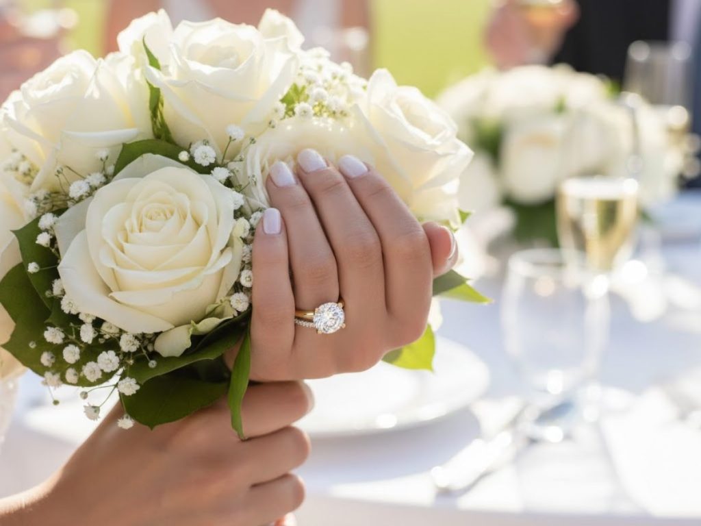 Bride holding bouquet with diamond ring