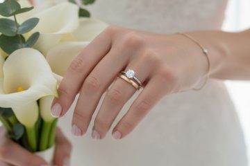 Bride holding calla lilies wearing ring