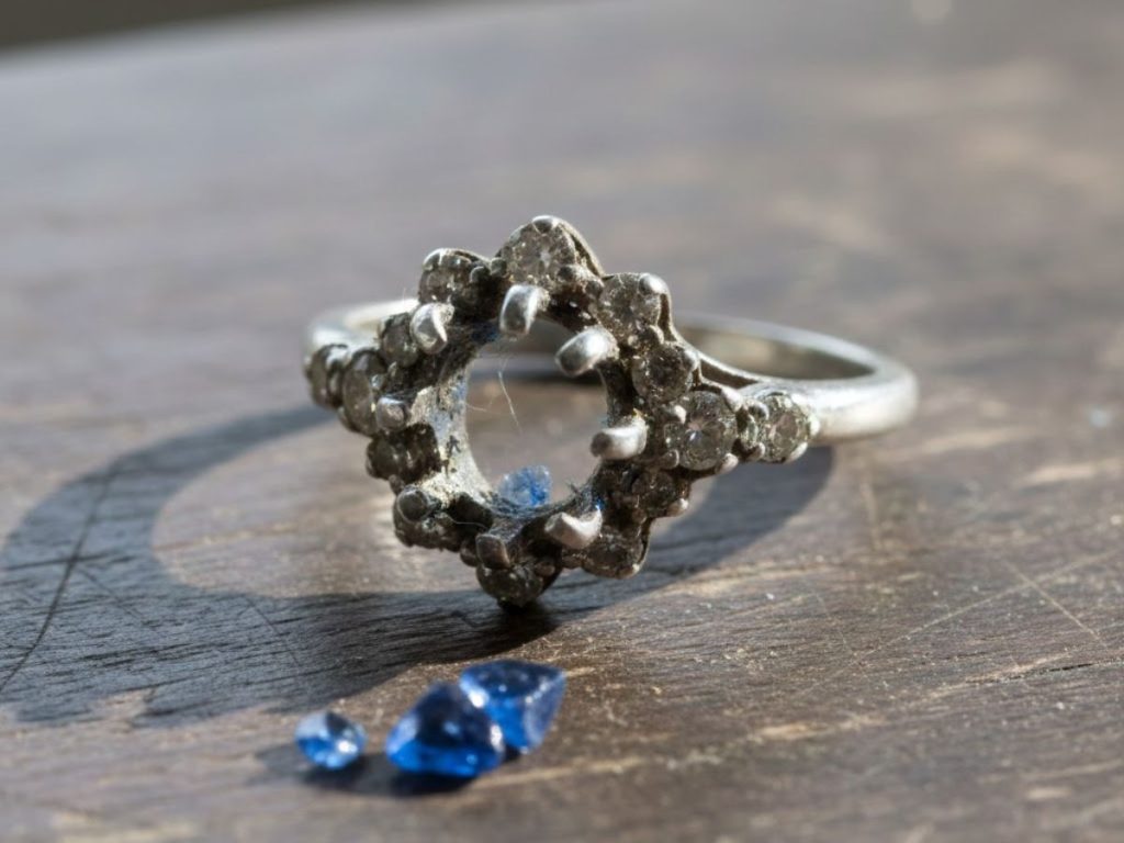 Damaged engagement ring missing center stone