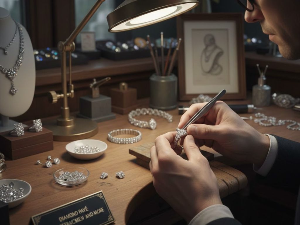Jeweler setting diamonds at workbench
