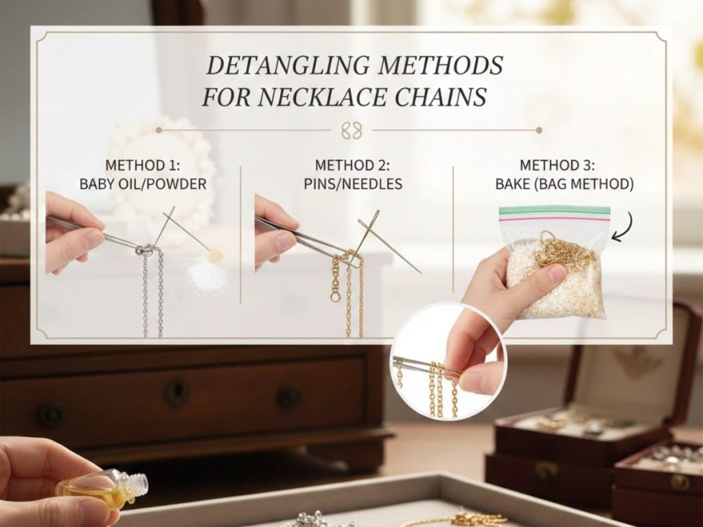 Necklace chain detangling methods infographic