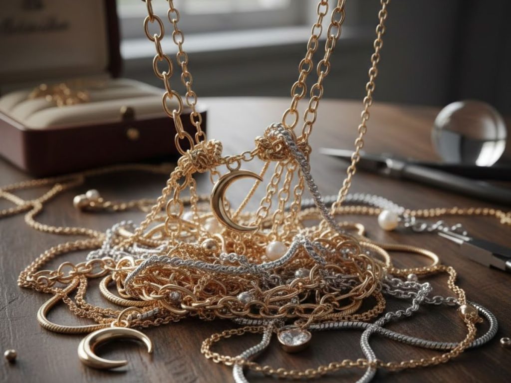Tangled gold and silver necklaces