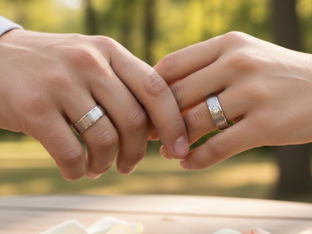 Couple wearing matching wedding bands