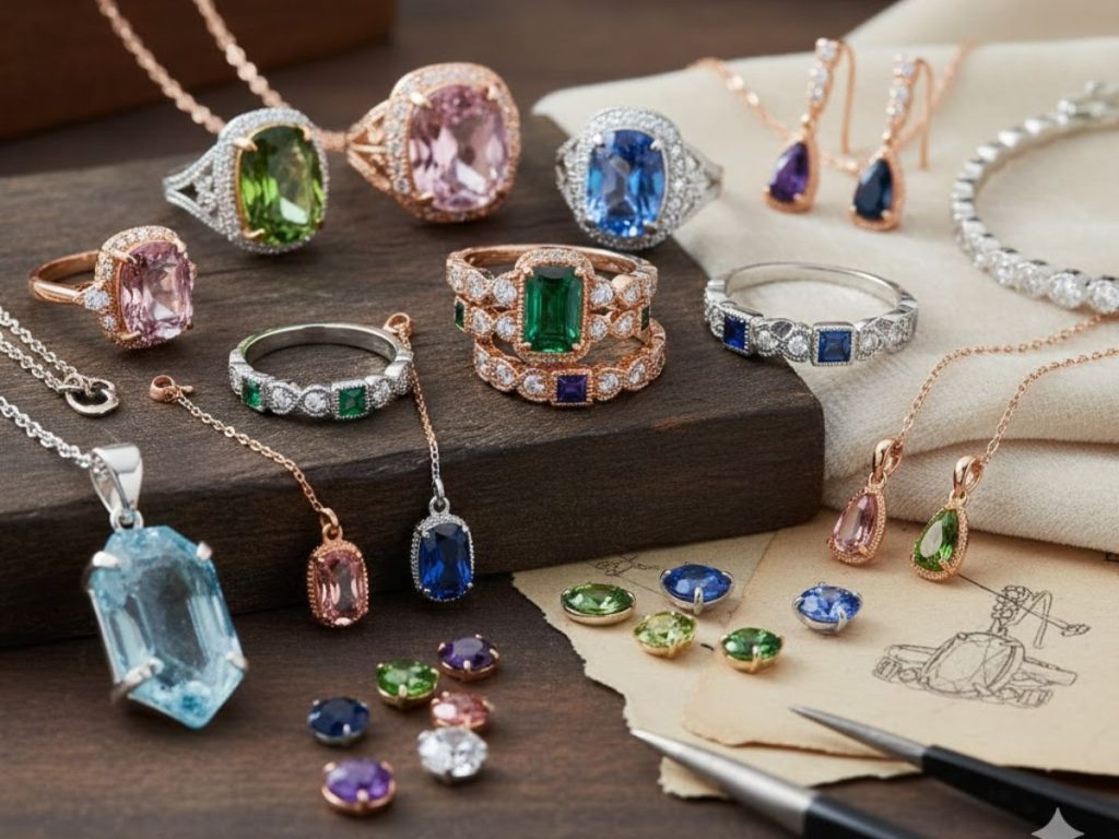 Assorted gemstone jewelry rings and pendants