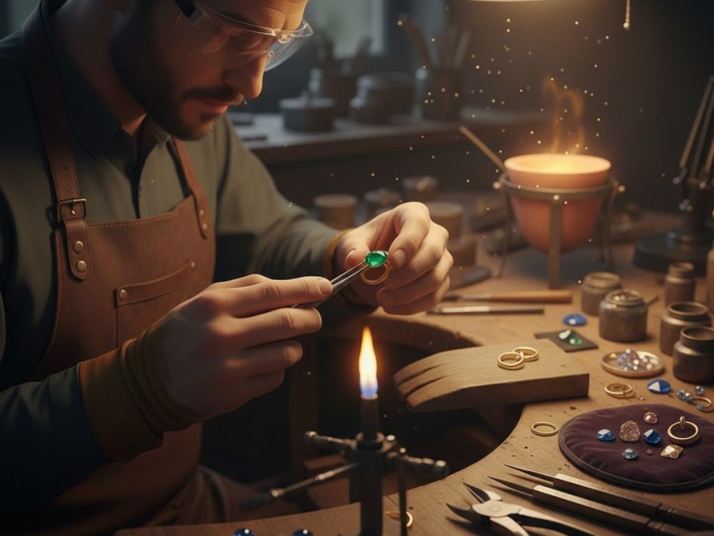 Jeweler crafting ring with emerald gem