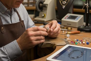 Craftsman inspecting diamond engagement ring