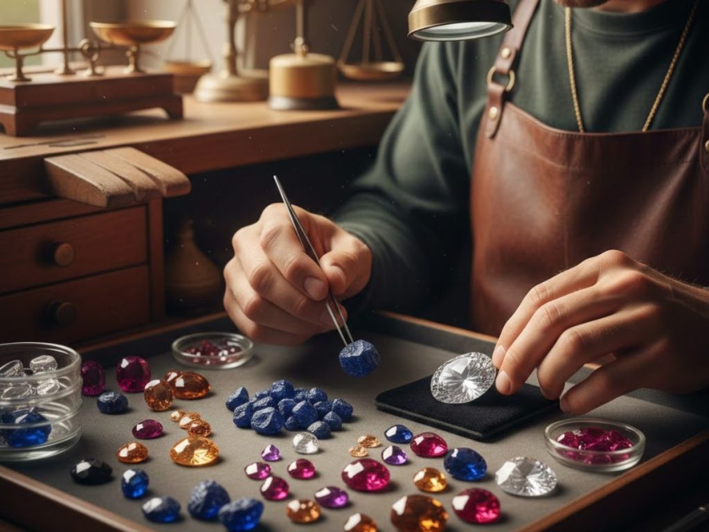 Jeweler selecting assorted cut gemstones