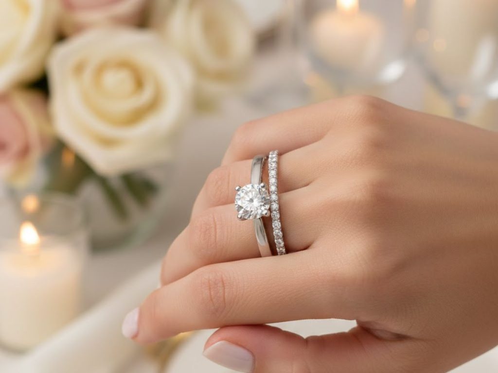 Hand wearing diamond wedding ring set