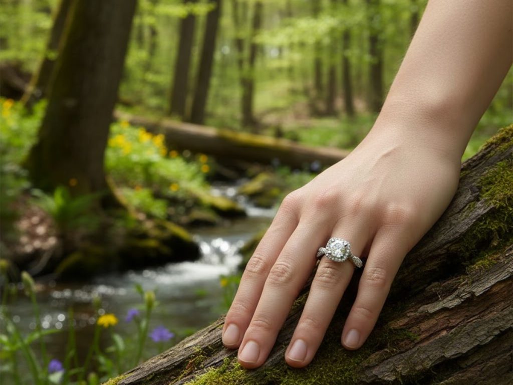 Diamond engagement ring in forest setting