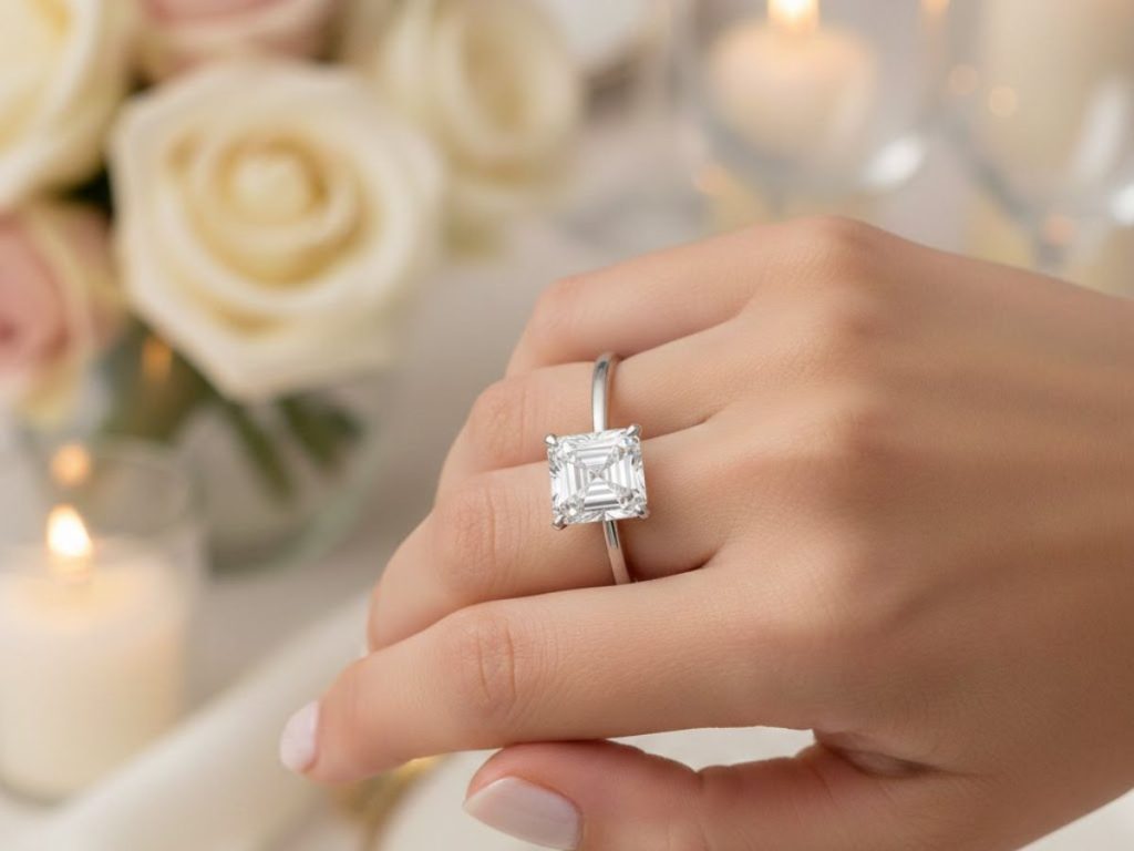 Emerald cut diamond solitaire ring on hand