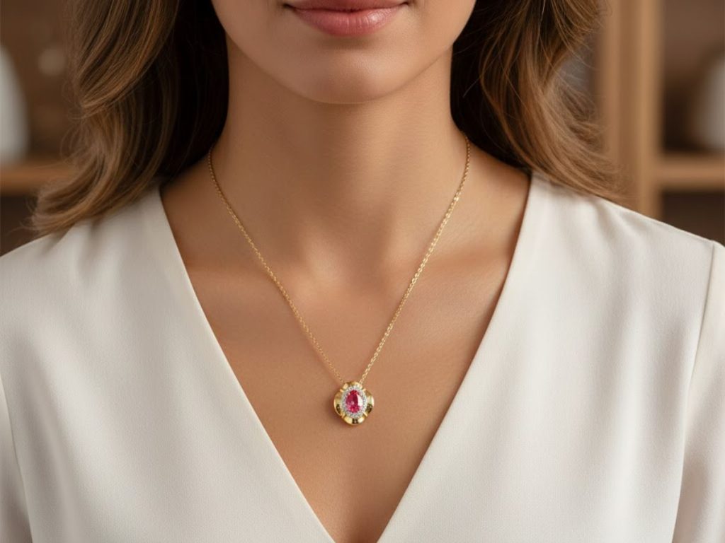 Gold ruby pendant necklace closeup