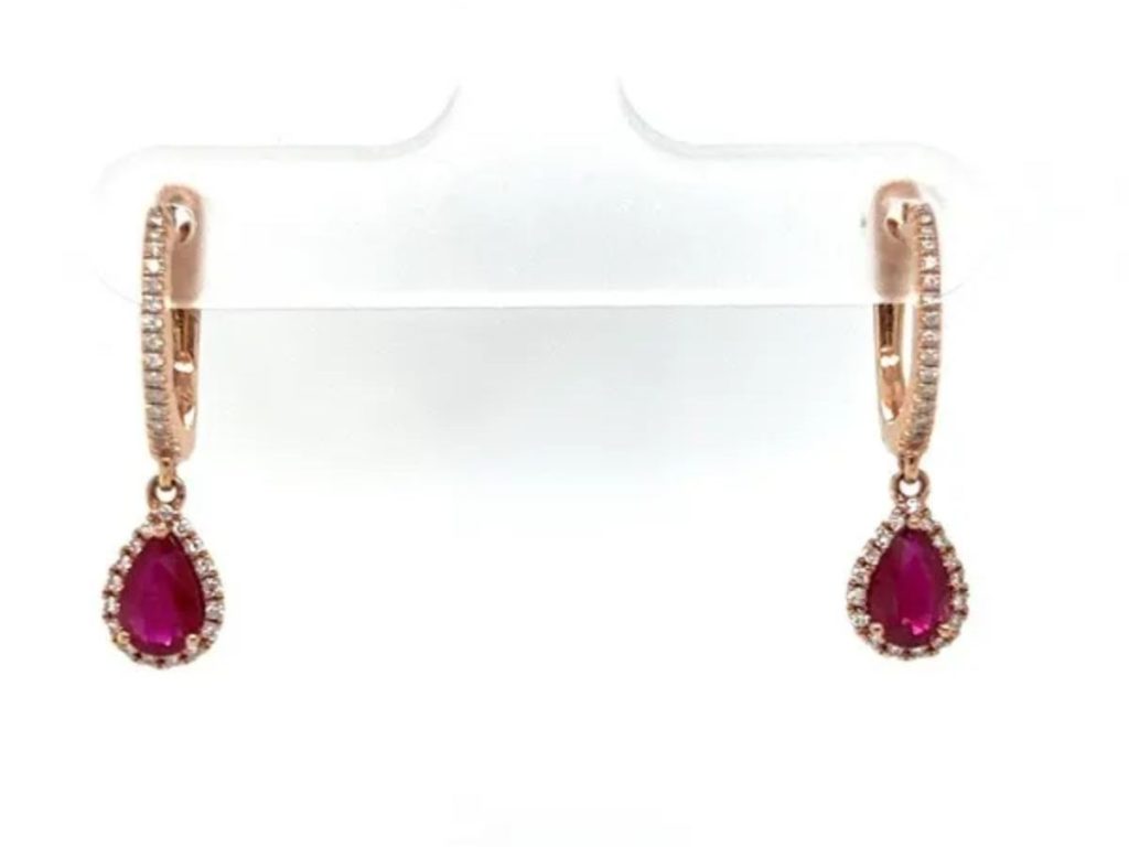 Rose gold ruby drop earrings diamonds
