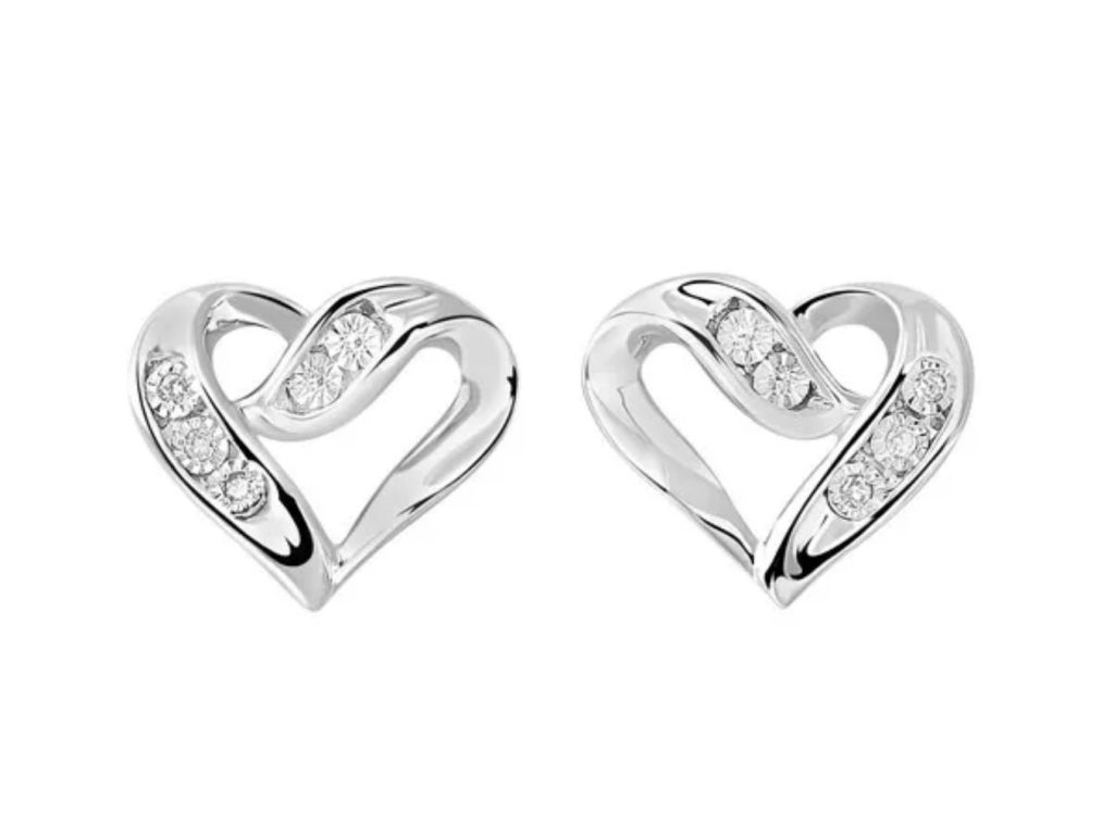 Silver heart diamond stud earrings