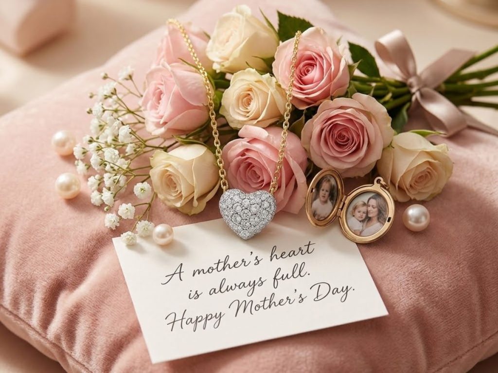 diamond heart locket necklace Mother’s Day roses gift