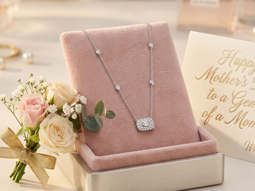 diamond pendant necklace Mother’s Day gift box roses