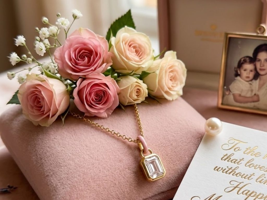 gold emerald cut pendant necklace Mother’s Day roses gift