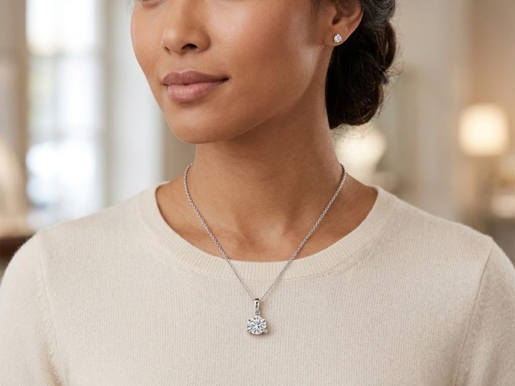 Solitaire diamond pendant on model