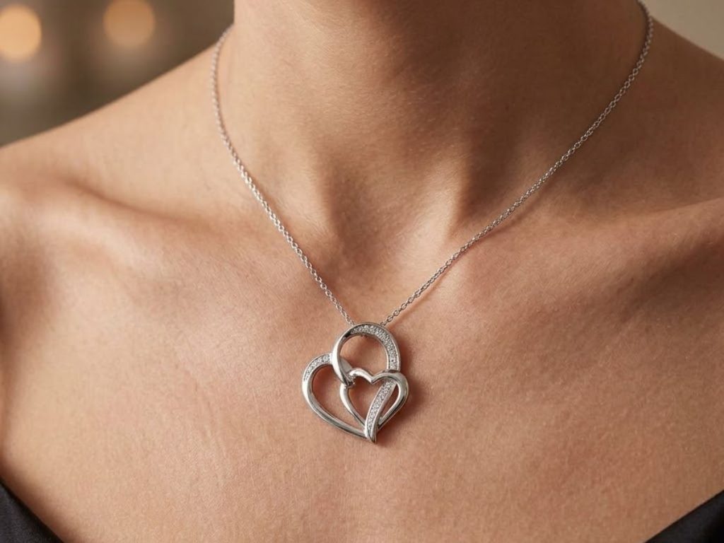 Double heart diamond pendant necklace