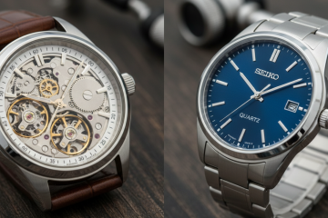 A split image showing an automatic watch with an exposed mechanical movement on the left and a sleek blue-dial Seiko quartz watch on the right, both on a wooden surface.