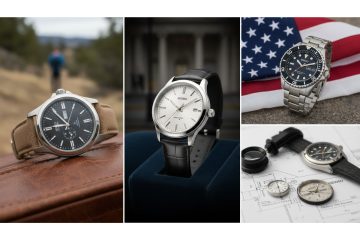 A collage of different watches suitable for various occasions. One watch with a fabric strap is shown in an outdoor setting, representing casual wear. Another watch with a leather strap is displayed formally. A third watch with a metal band is shown against an American flag, suggesting a durable or military connection. A final image shows watch components and a watch on a blueprint, indicating craftsmanship.