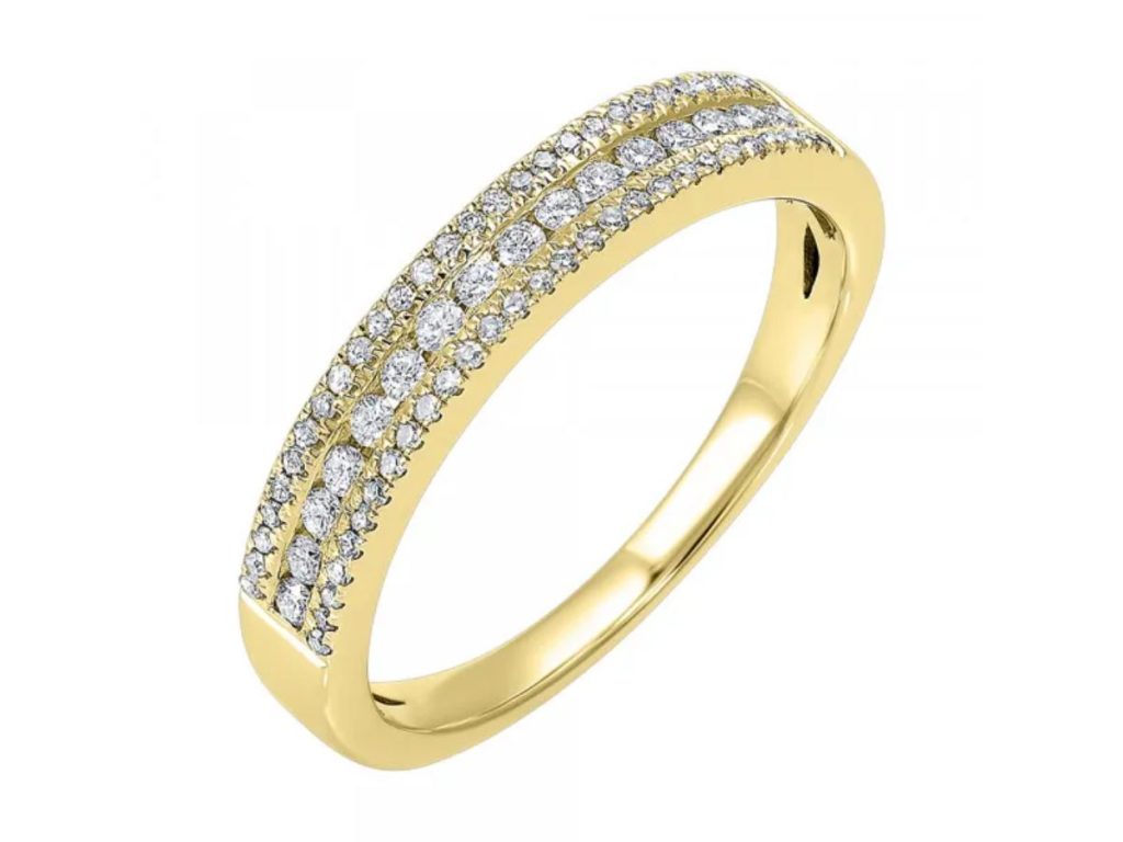 Yellow gold diamond curved band with multi row pavé