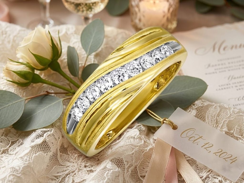 Yellow gold wedding band with diamond channel setting