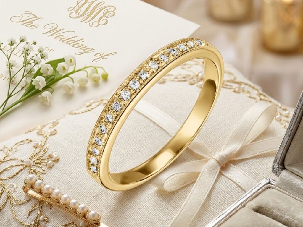 Yellow gold diamond band on wedding invitation styling