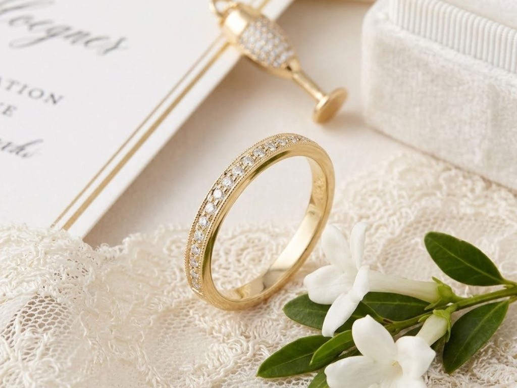 Thin yellow gold diamond band with vintage milgrain detail