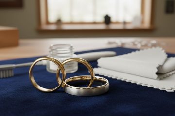 Classic gold wedding bands on cleaning setup display