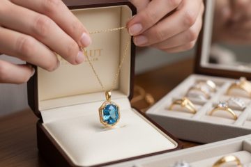 A person's hands carefully holding a custom gold necklace with a blue gemstone pendant, presenting it from an open jewelry box. In the background, a jewelry tray with various rings is visible.