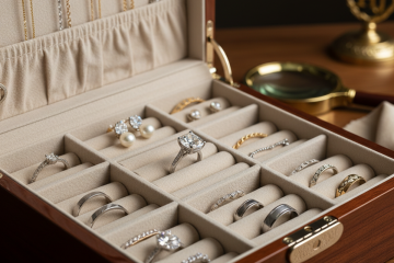 An open wooden jewelry box filled with various pieces of silver and gold jewelry, including rings, necklaces, and earrings, on a dark wooden surface.\