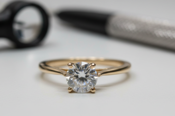 A close-up of a gold solitaire ring with a diamond, a jeweler's loupe, and a tool in the background on a white surface, illustrating jewelry inspection.