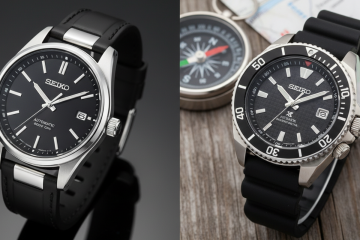 A split image showing a sleek, modern Seiko watch on the left and a robust, rugged Seiko dive watch on the right, with a compass and map in the background.
