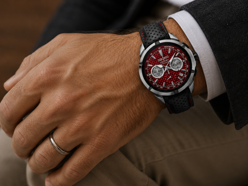 Seiko Coutura chronograph watch on wrist with leather strap