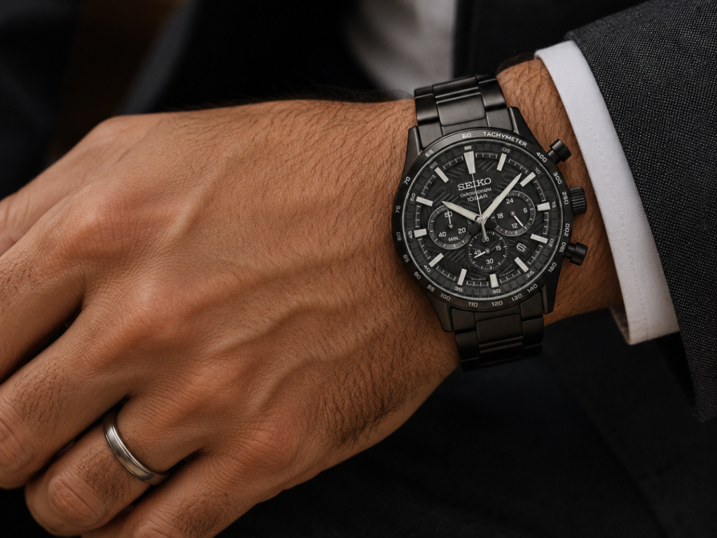 Black Seiko chronograph watch worn with formal attire