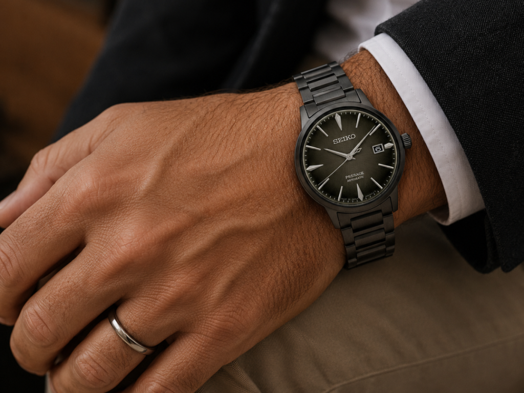 Seiko Presage automatic watch with black metal bracelet