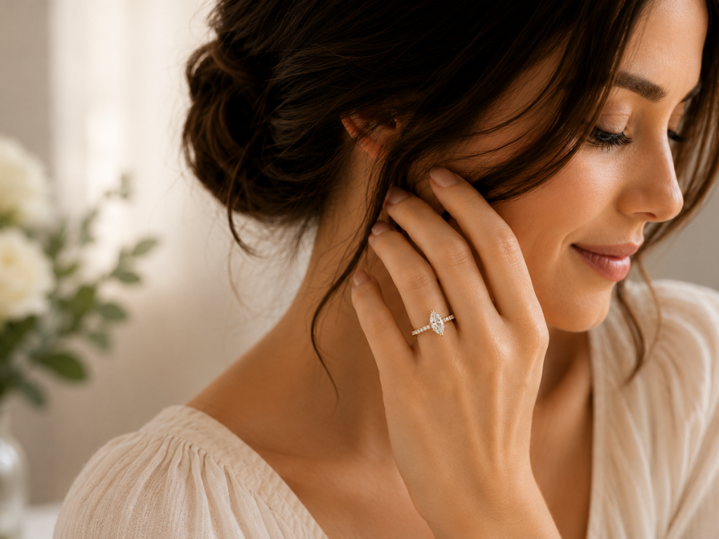 Bride wearing marquise diamond engagement ring