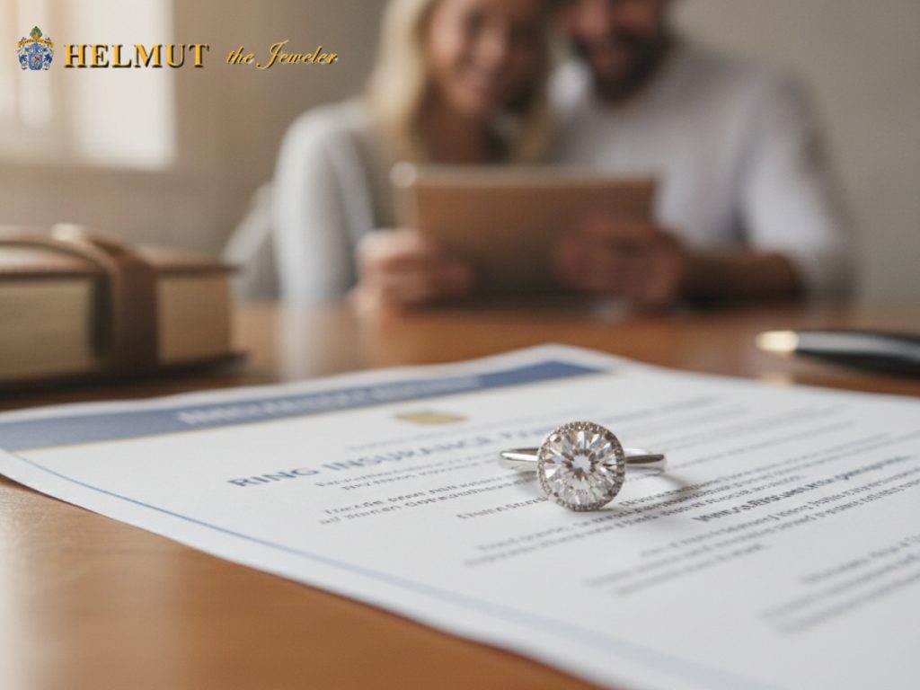 Engagement ring insurance document with couple background