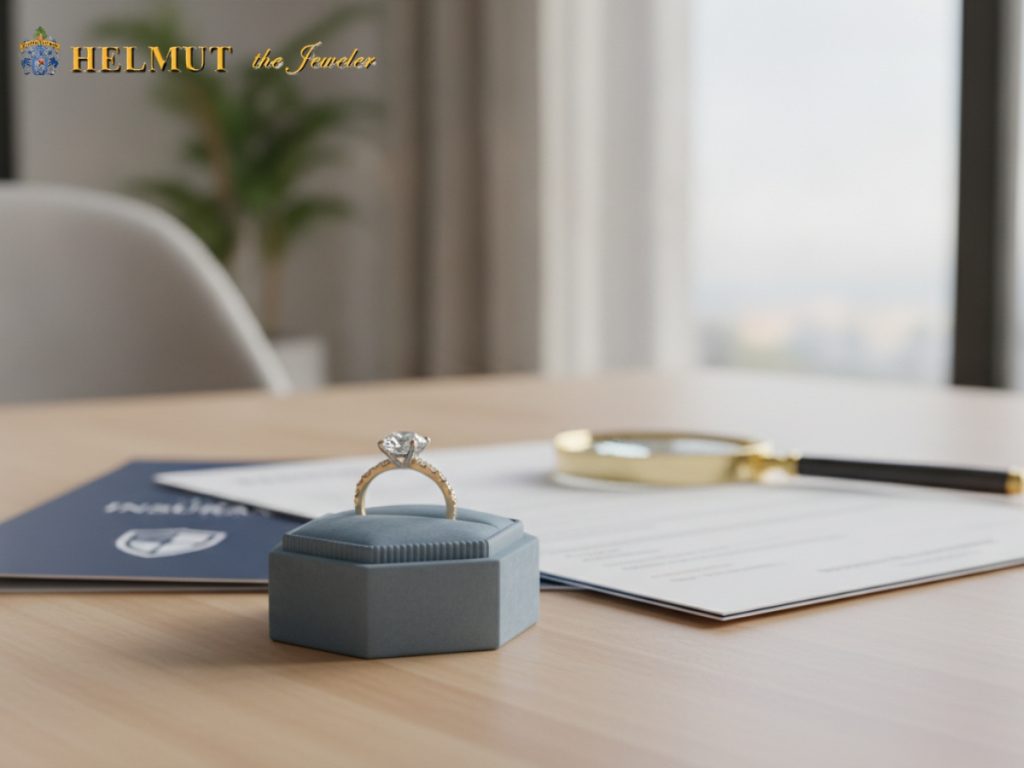 Diamond ring appraisal setup with insurance documents
