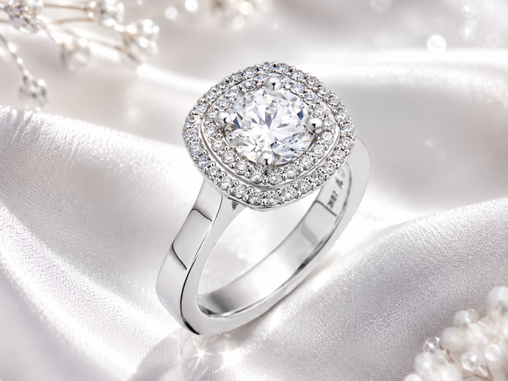 Round halo diamond engagement ring in white gold