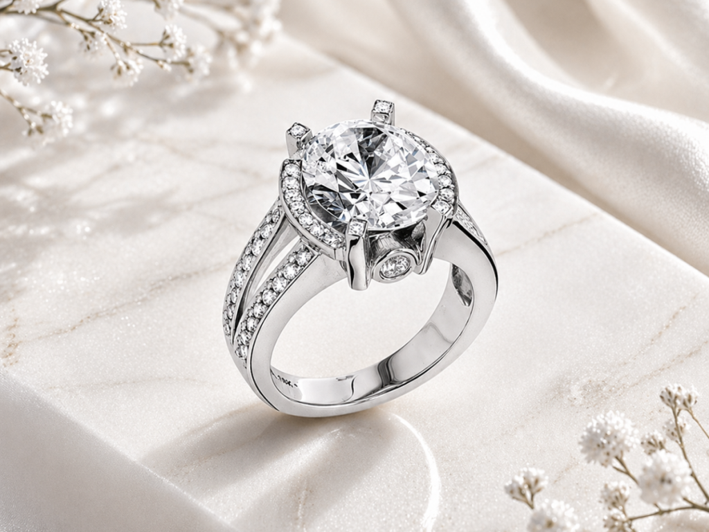 Split shank diamond engagement ring with round center