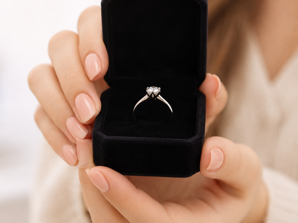 Woman presenting solitaire engagement ring in gift box