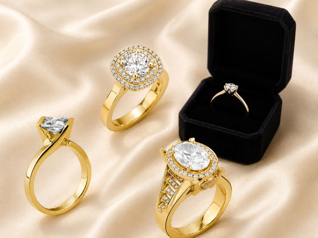 Gold engagement ring styles with diamond halo settings