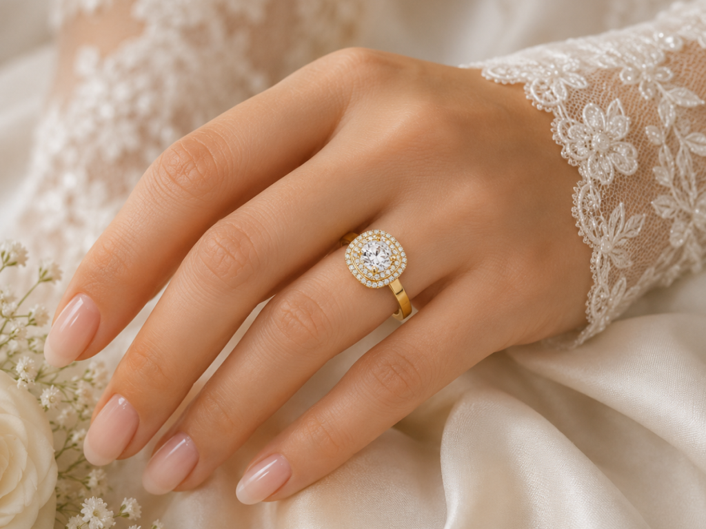 Halo diamond engagement ring worn on bride’s hand
