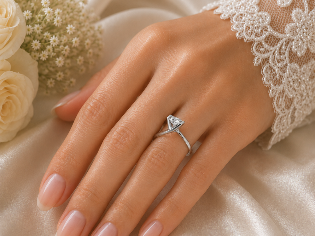 Modern bypass engagement ring on bridal hand display