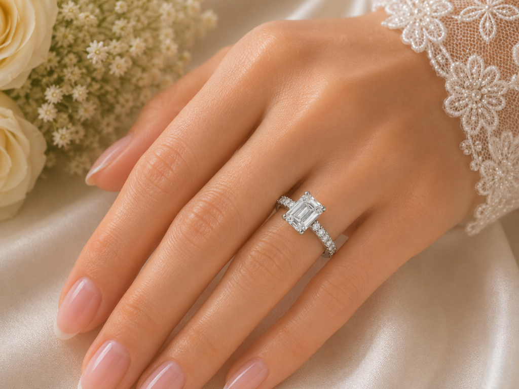 Emerald cut diamond engagement ring on bride’s hand