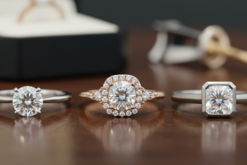 Three engagement rings with different diamond cuts and settings on a wooden surface, with a ring box blurred in the background.