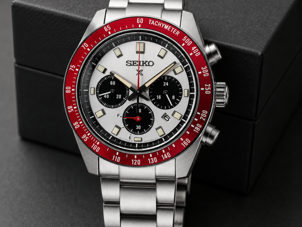 Seiko Speedtimer Chronograph Watch with Red Bezel Dial